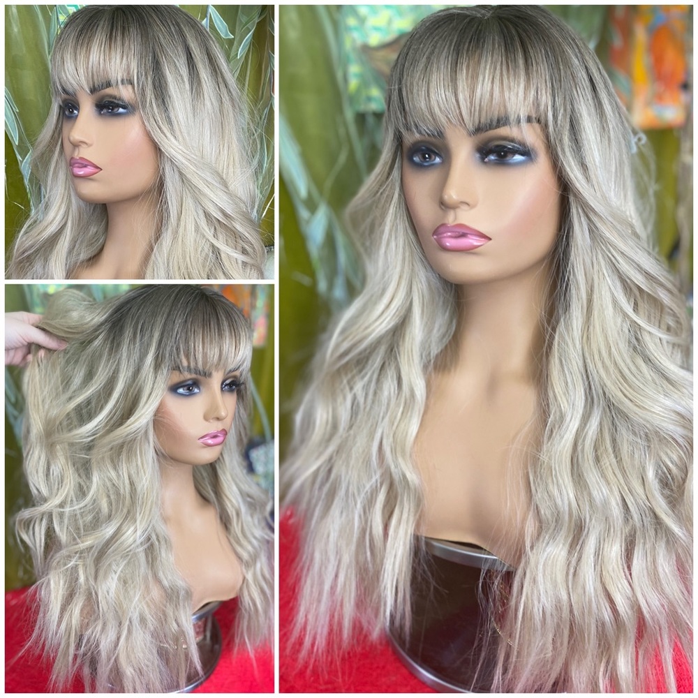 Long Wavy Blonde Ombre Wig with Fringe - Natural-Look Hairpiece